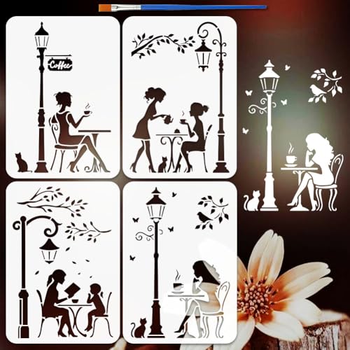 FINGERINSPIRE 4PCS Street Stencils 8.3x11.7 Inch with a Brush Street Lamps Coffee Pattern Stencils A4 Reusable City View Drawing Templates for DIY Painting on Wood Wall Canva Furniture Decoration - style: Street