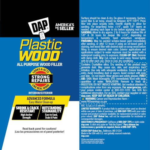 DAP Plastic Wood All Purpose Latex Wood Filler, White, 6 Oz - Packaging may vary