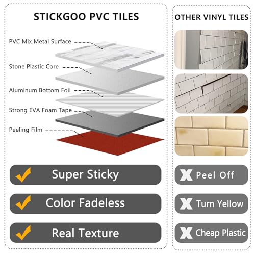 STICKGOO 20 Sheets Peel and Stick Backsplash Tile, Stick on Backsplash for Kitchen and Bathroom, White Marble Look PVC Mixed Metal Silver Self Adhesive Wall Tiles - color: White Marble + Metal Silver
