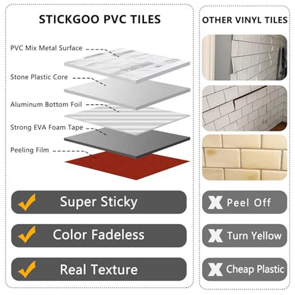 STICKGOO 20 Sheets Peel and Stick Backsplash Tile, Stick on Backsplash for Kitchen and Bathroom, White Marble Look PVC Mixed Metal Silver Self Adhesive Wall Tiles - color: White Marble + Metal Silver