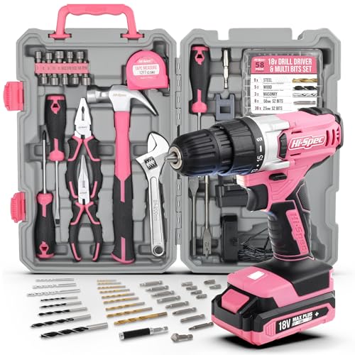 Hi-Spec 18V Cordless Drill Tool Set for Building and Fixing Tasks, Pink - color: Pink, size: 81PCS