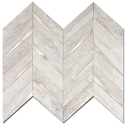 STICKGOO 10-Sheet Herringbone Tile Peel and Stick Backsplash, Beige Mixed Metal Gold PVC Stick on Backsplash, Self Adhesive Wall Tile for Kitchen and Bathroom - color: Grayish Beige Mixed Metal Gold