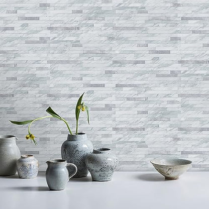 STICKGOO Peel and Stick Backsplash Tile, Volakas White with Silver Metal - color: Volakas White + Metal Silver