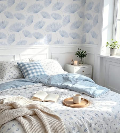Safiyya Blue and White Peel and Stick Wallpaper Dandelion 17.3in x197in Contact Paper Peel and Stick Wall Paper Modern Boho Self Adhesive Removable Vinyl Wallpaper for Bedroom Bathroom - color: Blue/White, size: 17.3" x 197"