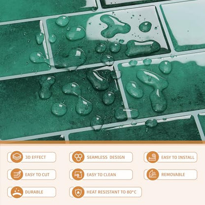 CRE8TIVE 16 Sheets Peel and Stick Subway Tile Green Backsplash Tiles for Kitchen Peel and Stick Tile Stickers Waterproof 12"x12" Renter Friendly Back Splash Stick on Tiles for Bathroom Wall Fireplace - size: 12"x12" (16-Sheets)