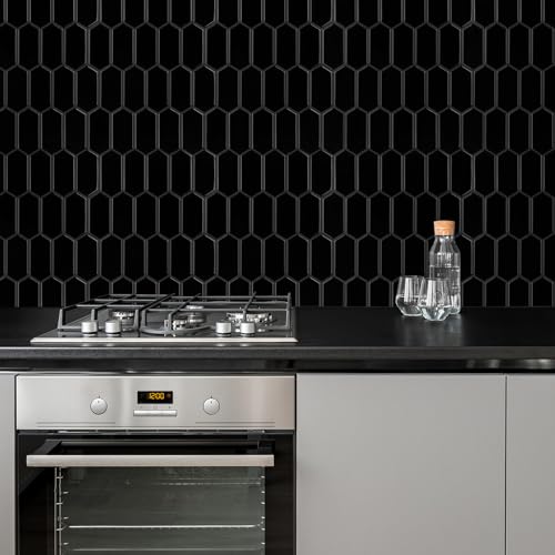 Peel and Stick Tile for Kitchen, Thicker Design 3D Self -Adhesive Long Hexagon Wall Tile Backsplash, Black 10-Sheet 12"x12" Stick on Tiles, Peel and Stick Wall Tiles for Kitchen - color: Black