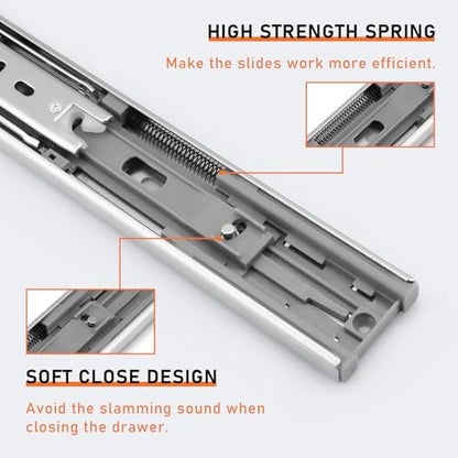 Probrico 1 Pair 20 Inch Rear/Side Mount Drawer Slides with Rear Mounting Brackets, Heavy Duty Ball Bearing Soft Close Drawer Glides, 3 Folds Full Extension Dresser Drawer Runners - size: 20 Inch