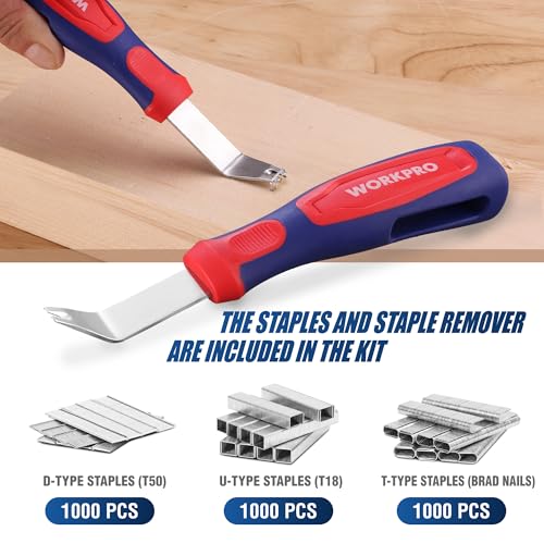 WORKPRO Upholstery Staple Gun, 3-in-1 Heavy Duty Staple Gun with Power Adjustment, 3000 pcs Staples and Stapler Remover, Manual Brad Nailer for Wood, Upholstery, Carpentry, Decoration DIY, Furniture