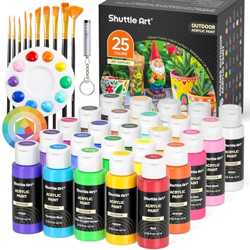 Shuttle Art 25 Colors Outdoor Acrylic Paint Set, 2oz/60ml Waterproof Acrylic Paint with 10 Brushes 1 Palette, Rich Pigmented Paints for Artists, Beginners on Rocks, Wood Crafts, Garden Statues - color: 25 Colors