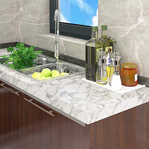 LACHEERY Large Size 36"x160" Grey White Marble Contact Paper for Countertops Peel and Stick Wallpaper Waterproof Self Adhesive Wallpaper for Kitchen Cabinets Backsplash Removable Counter Top Covers - size: 36" x 160"