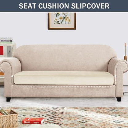 Stretch Cushion Cover, Soft Velvet Plush Cushion Slipcovers Loveseat Sofa Covers Couch Seat Covers Furniture Protector with Elastic Bottom (Medium, Beige) - color: Beige, size: Medium
