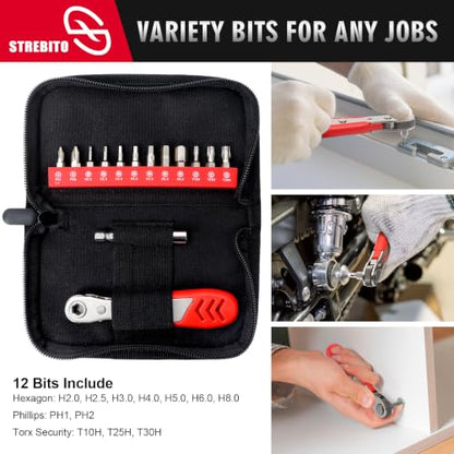 STREBITO Right Angle Screwdriver 14 Piece Mini Ratchet Set - color: 14 in 1 With Zipper Pouch