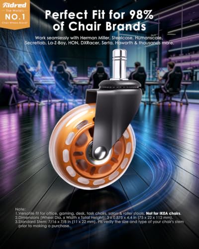 RidRed Gaming Chair Wheels - Heavy-Duty Office Chair Wheels - Replacement Rubber Casters- Universal Fit 3 Inch Chair Casters, Noise Free, Fits 98% Chair, for All Floor - color: Orange
