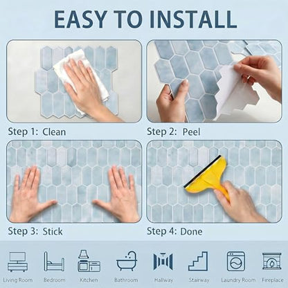 Arttown Peel and Stick 3D Wall Backsplash 20-Sheet, 12" × 12" Hexagon Blue - color: Blue Hexagon, size: 20PC 12"x12"