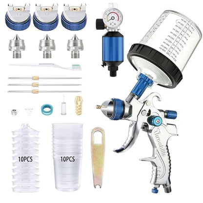 Professional HVLP Spray Gun, 1.4/1.7/2.0mm Nozzle HVLP High Atomization Flow Adjustable Pneumatic Gravity Spray Gun (Blue) - color: 2008-1.4set-blue-2
