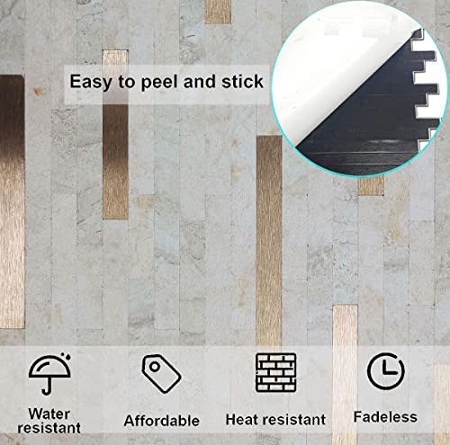 10-Sheet Peel and Stick Backsplash PVC Metal Tile，Self-Adhesive Stone Grain Wall Sticker Easy DIY Stick on Kitchen Bathroom Walls (10, Beige + Brushed Bronze) - color: Beige + Brushed Bronze