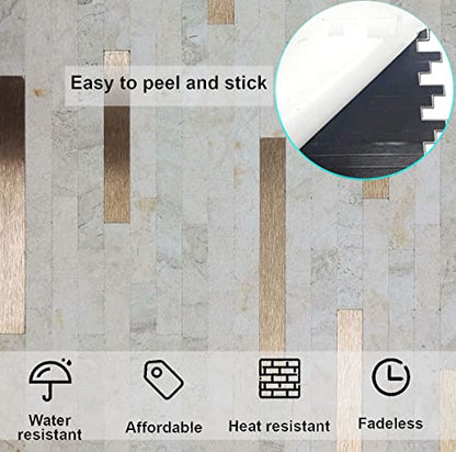 10-Sheet Peel and Stick Backsplash PVC Metal Tile，Self-Adhesive Stone Grain Wall Sticker Easy DIY Stick on Kitchen Bathroom Walls (10, Beige + Brushed Bronze) - color: Beige + Brushed Bronze