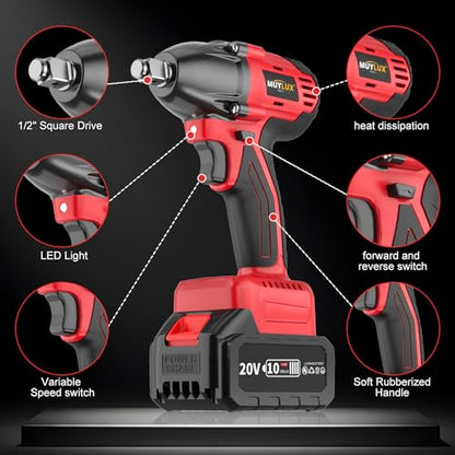 430N.m/320Ft-lbs Brushless Cordless Impact Wrench 1/2 Inch with 4.0Ah Battery and Charger, High Torque Electric Impact Gun, Power Drill Driver for Car/DIY Furniture/Lawn Mower, 2 Batteries