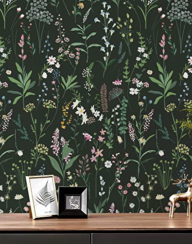 JiffDiff Dark Green Botanical Floral Peel and Stick Wallpaper, 17.3" x 118" - color: Dark Green, size: 17.3" x 118"
