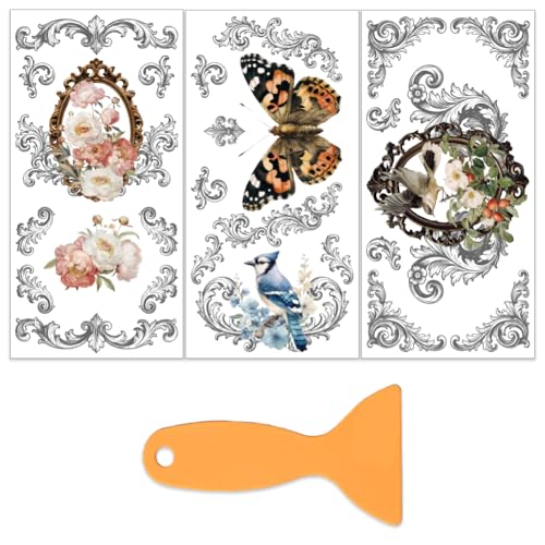 OLYCRAFT 3 Sheets/Set Vintage Border Rub on Transfers for Furniture and Crafts 6x12 Inch Flowers Butterflies Furniture Decal Transfer Stickers Rub on Decal with Scraper for Wooden Home Wardrobe Decor - style: Vintage border