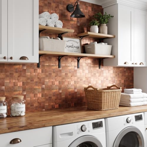 Yipscazo 10 Sheet Peel and Stick Backsplash Mosaic Tiles Stainless Steel Metal Kitchen Backsplash Stick on Tiles for Stove, Bathroom, Laundry in Retro Brown (11.8'' x 11.8'') - color: Retro Brown