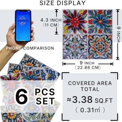 6 Sheets 9x9 Inch Peel and Stick Tile Backsplash Stickers, Talavera Mexican Spanish Mediterranean Vinyl Wall Tiles, Waterproof Self-Adhesive Removable DIY Decals for Kitchen Bathroom - color: Red