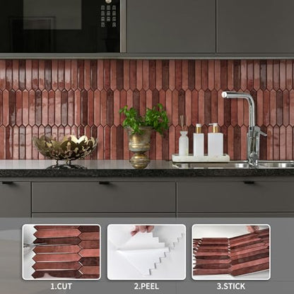 10 Sheet Long Hexagon Peel and Stick Backsplash Tile, 12"x12" 3D Adhesive Glossy Marble Vinyl Stick on Wall Tiles for Bathroom, Kitchen, Living Room (Brown, 12" x 12") - color: Brown