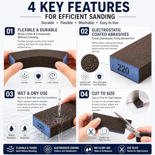 Sanding Sponge, Coarse Medium Fine Grit Sanding Block, Sander Sponges for Drywall Metal, Sandpaper Sponge Sanding Blocks for Wood (4, 60/80/120/180) - size: 60/80/120/220