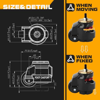 Leveling Stem Casters, Heavy Duty Leveling Casters, Load Capacity 4400 Lbs - size: 2.5 INCH