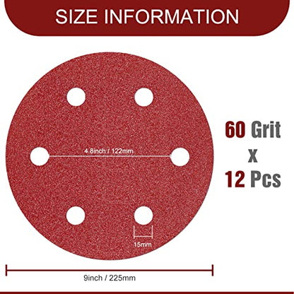 Awutzut 9 Inch 6 Hole Sanding Discs 60 Grit Hook and Loop for Drywall Sander 12PCS - style: 60 Grit