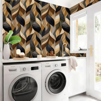 Wood Grain Modern Wavy Wallpaper Self Adhesive Peel and Stick Abstract Geometric Brown Grey Wall Paper Removable Waterproof for Bedroom Renter Friendly 17.71"x118.1" - color: QZ-HL00335-5a, size: 17.7" x 118.1"