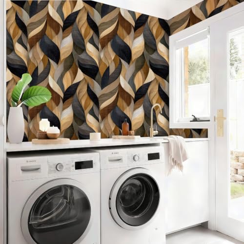 Wood Grain Modern Wavy Wallpaper Self Adhesive Peel and Stick Abstract Geometric Brown Grey Wall Paper Removable Waterproof for Bedroom Renter Friendly 17.71"x236.2" - color: QZ-HL00335-5a, size: 17.7" x 236.2"