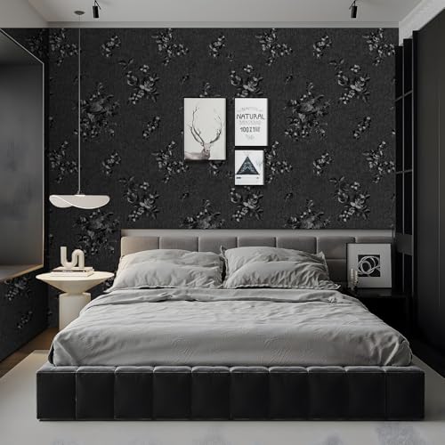 Black Floral Peel and Stick Wallpaper Modern Textured 17.3 x 196.9in - color: Black, size: 17.3" x 196.9"