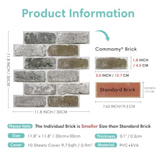 Commomy Faux Brick Peel and Stick Wall Panels 10 pcs 11.8" x 11.8" - color: Brick-TU