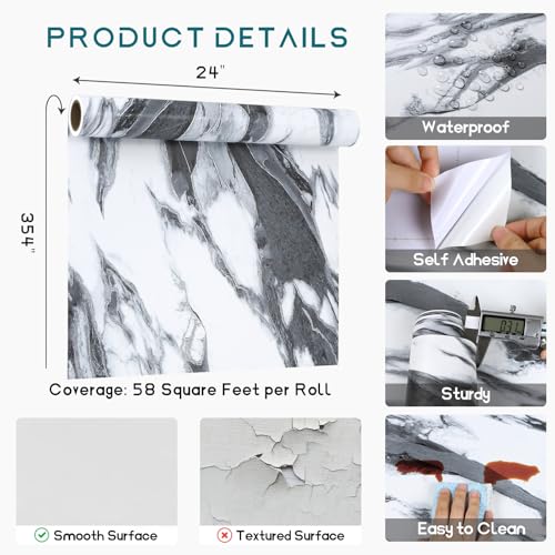 VEELIKE Matte Black and White Liquid Marble Contact Paper for Countertops 24''x354'' Counter Top Peel and Stick Waterproof Marble Wallpaper for Kitchen Bathroom Self Adhesive Countertop Wallpaper - size: 24" x 354"
