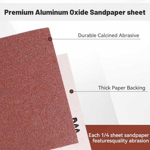 1/4 Sandpaper Sheet – 4-1/2” x 5-1/2”, P80 Grit, Red Aluminum Oxide, Plain Backing, 50-Pack – Sandpaper Sheets for Palm Sanders and Woodworking