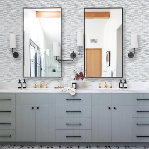 Tilingview 10PCS Peel and Stick Tile for Kitchen Backsplash, Strips Design Self-Adhesive Vinyl Tile, Plastic Wall Sticker (Blue White) - color: Narrow Blue White, size: 10"x10"x0.02"
