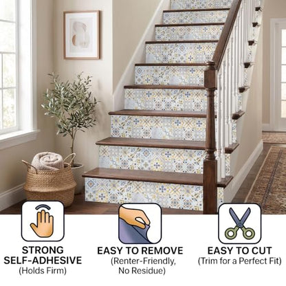 Peel and Stick Tile Stickers, 6 Sheets 9 x 9 Inch Waterproof Vinyl Tile Decals, Mediterranean Boho Self Adhesive Backsplash Stickers for Kitchen, Bathroom, Fireplace, RV - color: Bold Blue, Gold & White