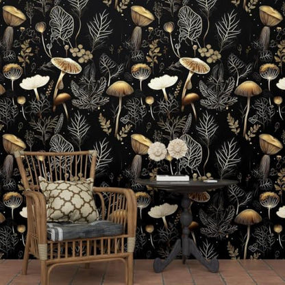 Laatse Dark Mushroom Wallpaper Peel and Stick 17.5" x 787",Black Gold - color: Black Gold, size: 17.5" x 787"