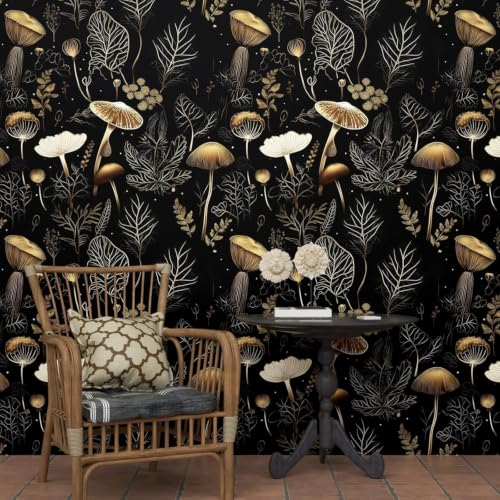 Laatse Dark Mushroom Wallpaper Peel and Stick 17.5" x 787",Black Gold - color: Black Gold, size: 17.5" x 787"