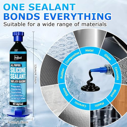 RTV Silicone Sealant Adhesive, 100% Silicone Waterproof Caulk Strength Adhesive for Car Windshield, Window, Bathroom & Kitchen Shrink & Crack Proof (Black, 40g/1.4oz)