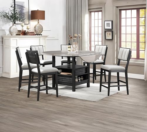 7pc Counter Height Dining Set Storage Table Single Pedestal Round Black Gray Natural Grain Integrated Turntable Drop Leaves Built in Shelving Fabric Upholstery Chairs