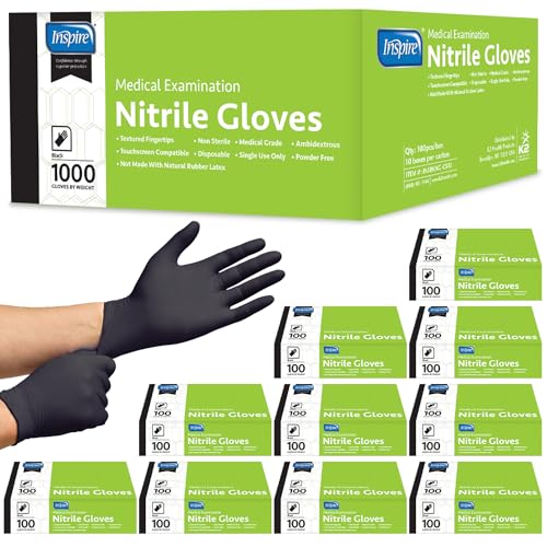 Inspire Black Nitrile Disposable Gloves | 4.5 Nitrile Disposable Safety Medical Cooking Cleaning Gloves - size: Large, style: Black - Case of 1000
