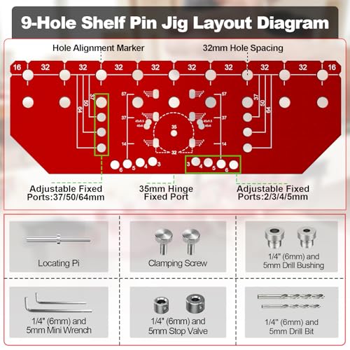 VASTHOME 9 Holes Shelf Pin Jig and Hinge Jig 2-in-1, 1/4 Inch & 5mm - size: 9 Holes