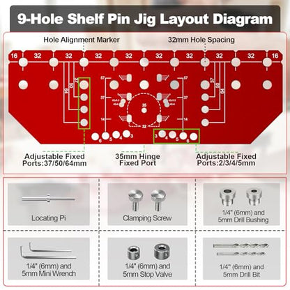 VASTHOME 9 Holes Shelf Pin Jig and Hinge Jig 2-in-1, 1/4 Inch & 5mm - size: 9 Holes