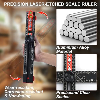 Professional 4 in 1 Drilling Positioning Ruler, 14"/35cm Multifunctional T-Square Ruler, Aluminum Alloy Woodworking Angle Ruler, Cabinet Hardware Jig for Precision Hole Punching Measure and Marking