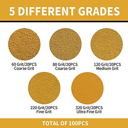 100 Pcs 5-Inch 8-Hole Hook and Loop Sanding Discs, 60/80/120/220/320 Assorted Grits Gold Sandpaper for Woodworking or Automotive 5 Inch Sanding Discs Gold Random Orbital Sander - style: Variety Pack-100 Discs