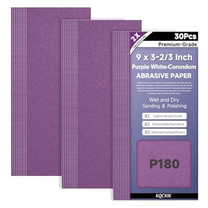 30-Sheet Premium White Corundum Wet Dry 180 Grit Sandpaper - size: 9 x 3-2/3 Inch, style: 180 Grit