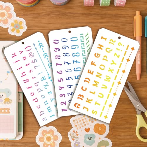 12 Sheets Letter Stencils for Painting, 12 Styles Alphabet Numbers Bar Borders Designs Drawing Templates Reusable Art Stencil for Hand Forearm Painting on Wall Wood Home Decor - style: Letters