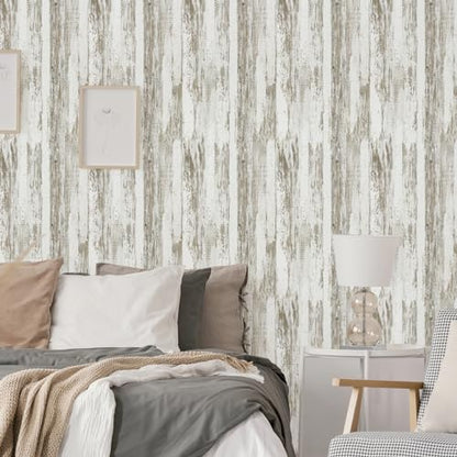 WENMER White and Brown Rustic Wood Grain Wallpaper, 17.3" x 118", 14.1 sq.ft. Peel and Stick, Waterproof, Multi-Surface Use (Pack of 4) - size: 17.3" x 118" (Pack of 4)